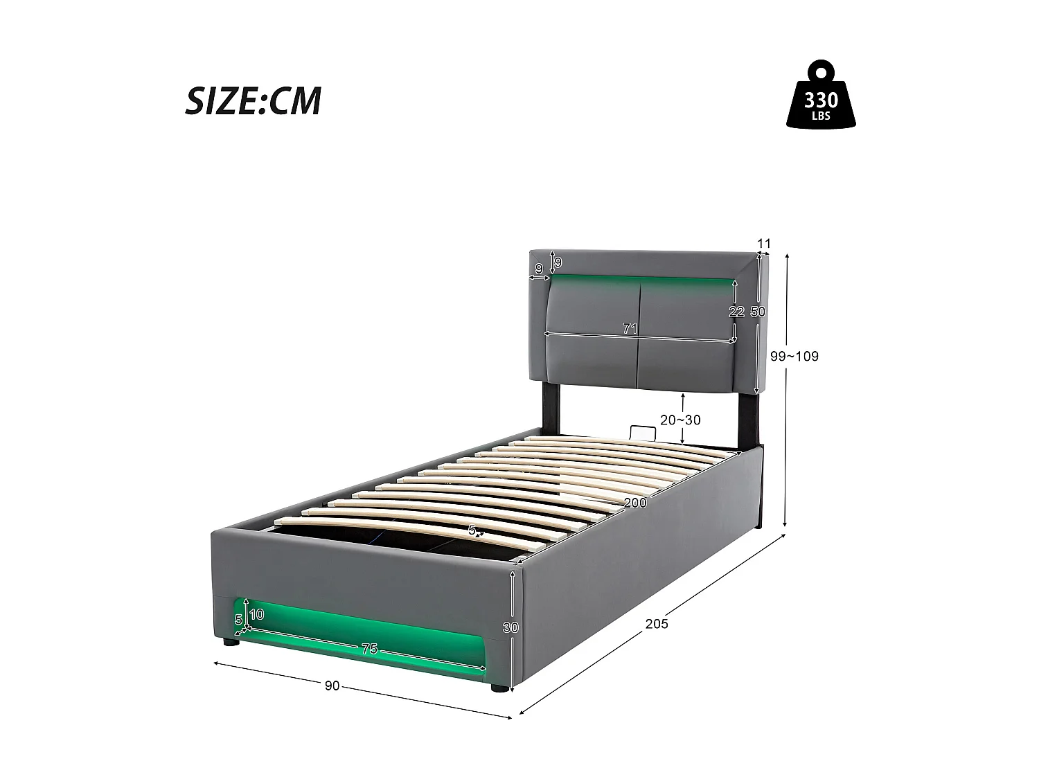 Lit coffre moderne 90x200cm, port USB (charge sans fil et filaire), LED et rangement, PU gris, sans matelas