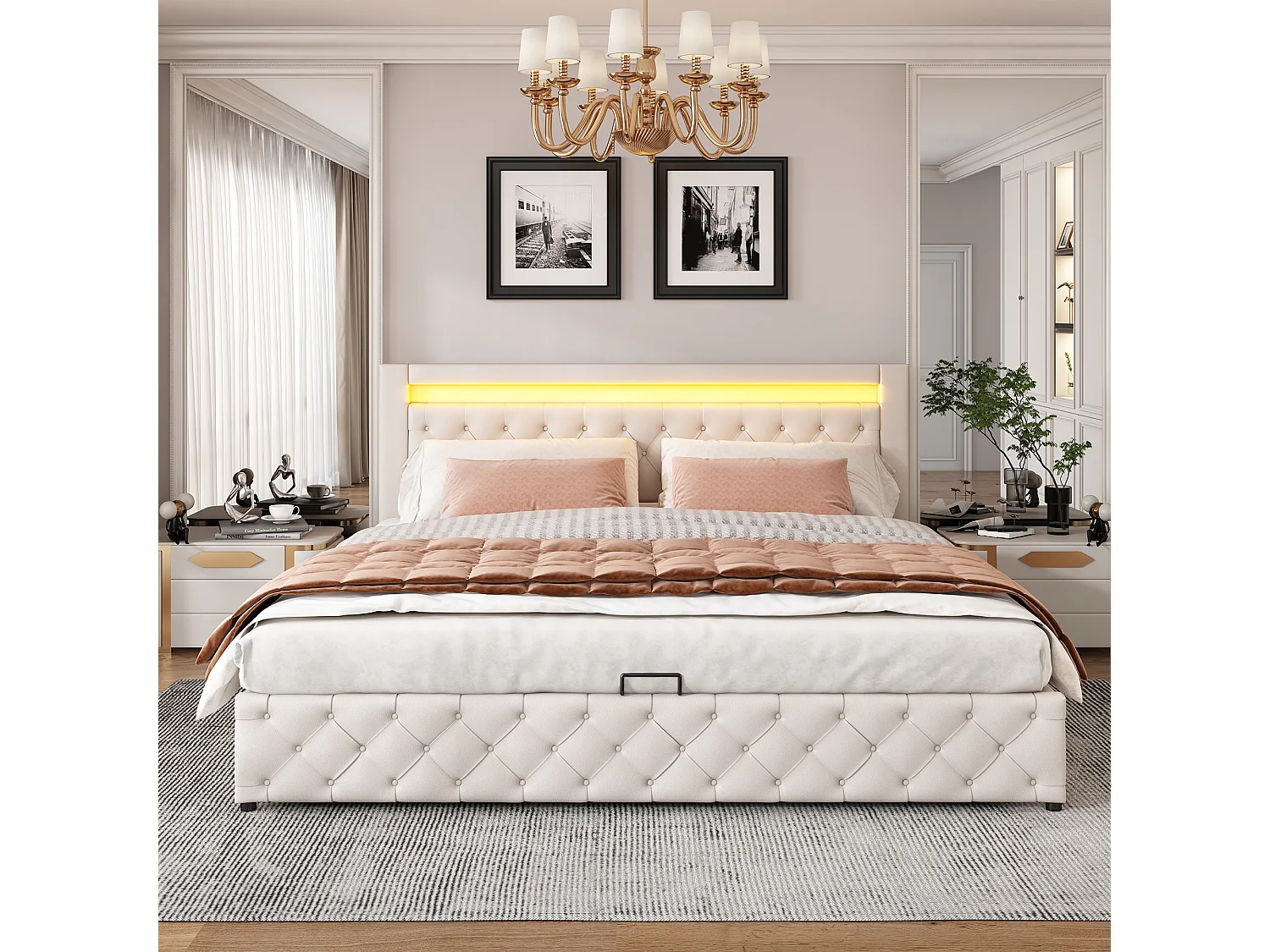 Lit coffre double 180x200cm, espace de rangement,  LED, tissu en fond,  en PU blanc, sans matelas