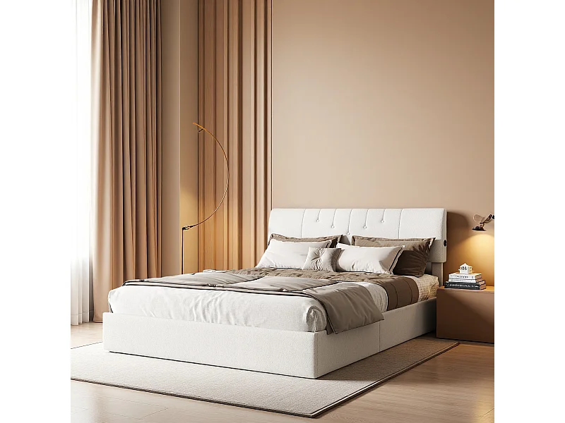 Lit double 140x190 cm en velours Teddy crème avec LED, coffre de rangement à vérin, ports USB sur les côtés, design moderne et confortable