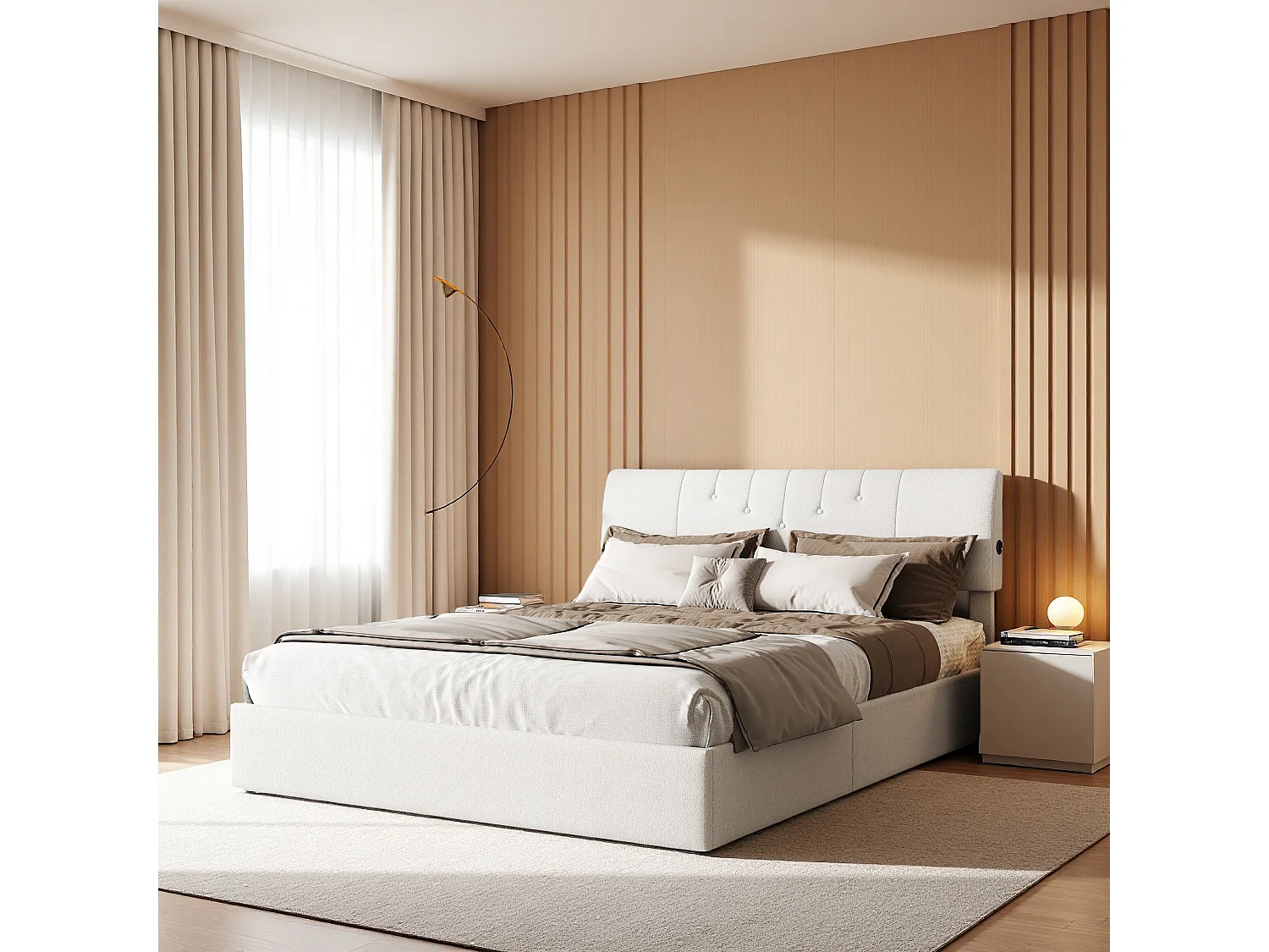 Lit double 140x190 cm en velours Teddy crème avec LED, coffre de rangement à vérin, ports USB sur les côtés, design moderne et confortable