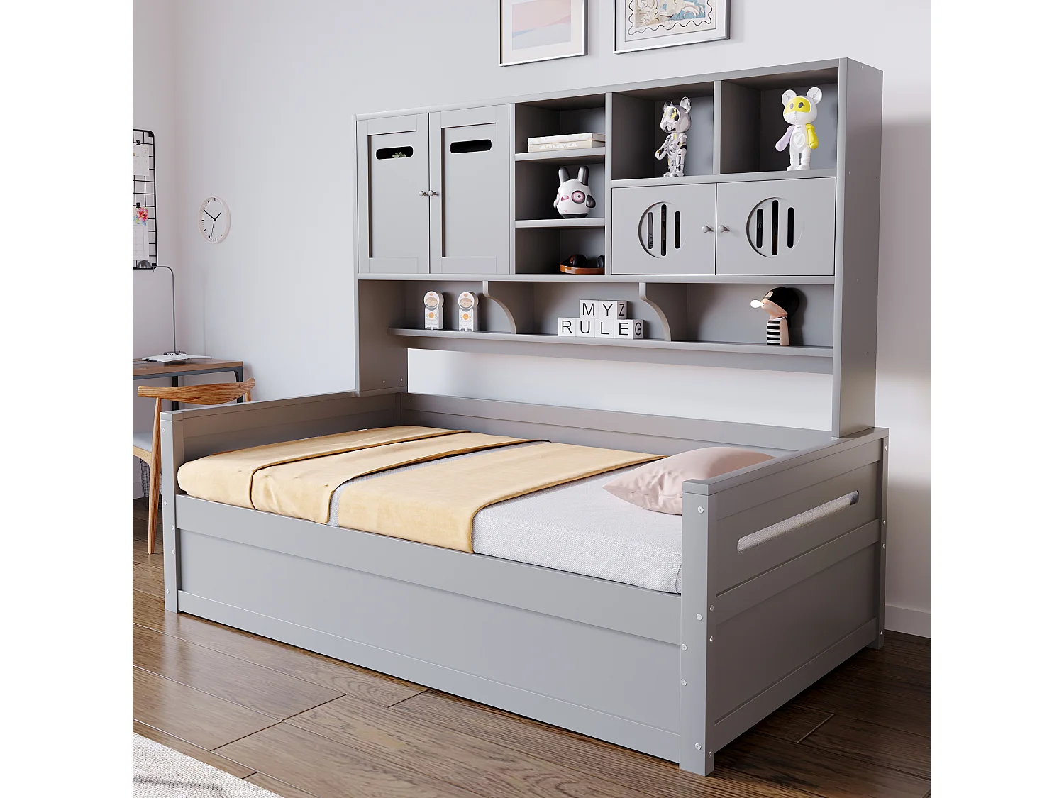 Lit coffre banquette simple  gris 90x200cm avec 4 portes et rangement, sans matelas