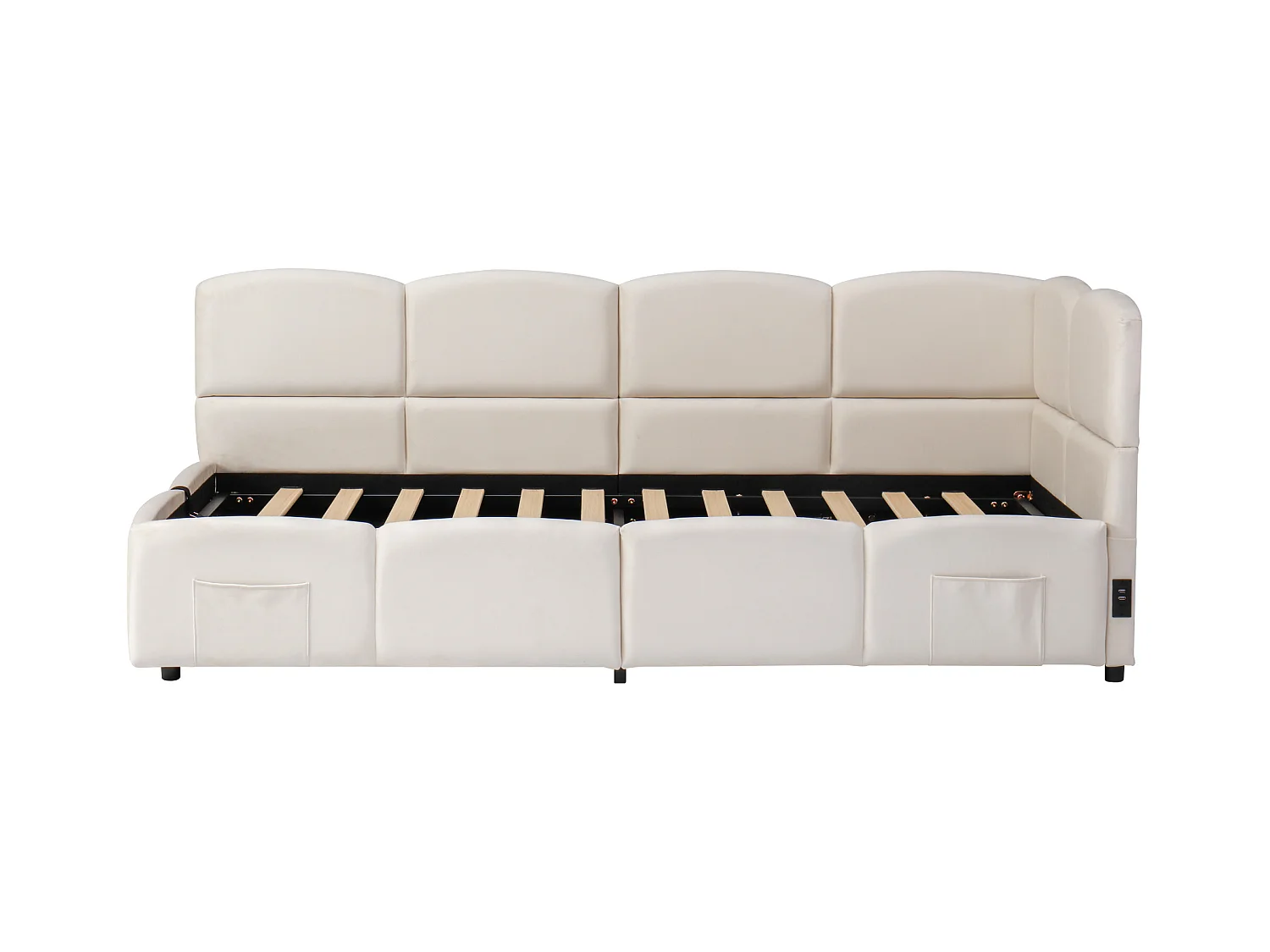 Lit coffre banquette enfant 90x200 cm avec port de charge USB et poche de rangement, velours beige (sans matelas)