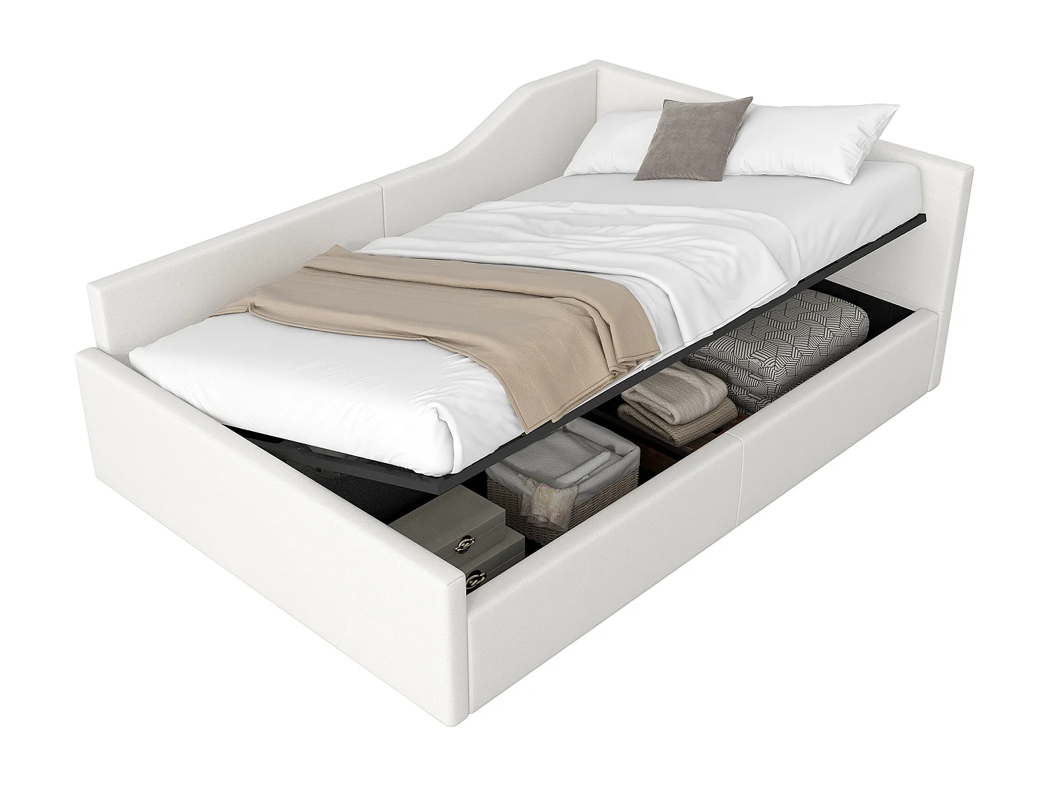 Lit Adulte 140 x 200 cm - Lit Banquette Avec Coffre - En Tissu Lin Rembourré - Sommier 12 Lattes, Capacité 200 kg - Beige Sans matelas