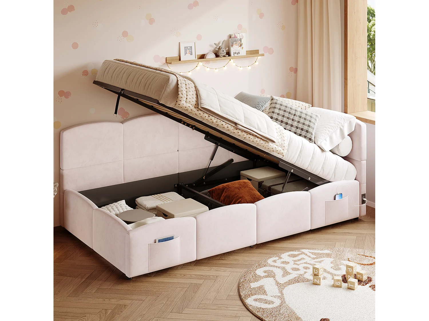 Letto singolo contenitore 90x200cm con caricatore USB e 2 tasche portaoggetti, rete a doghe, tessuto in velluto rosa