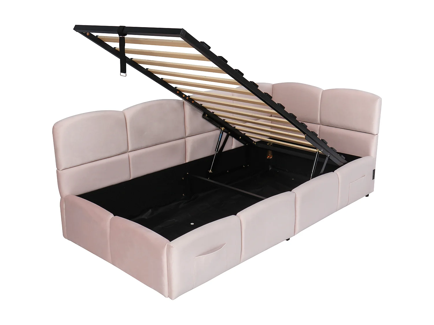 Cama de solteiro com arrumação 90x200cm com carregador USB e 2 bolsas de arrumação, base de ripas, tecido de veludo rosa