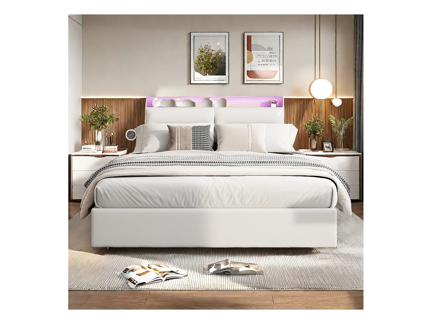 Lit double 140x200 cm blanc avec rangement tête et coffre à vérin, LED tête de lit, commandes via APP, design moderne et pratique