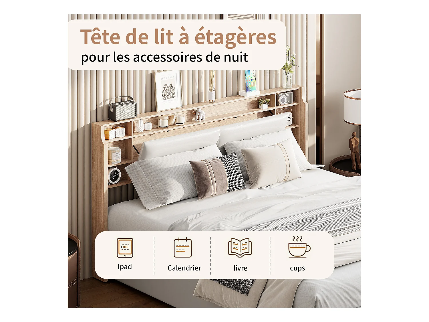 Lit double 140x200 cm blanc avec rangement tête et coffre à vérin, LED tête de lit, commandes via APP, design moderne et pratique