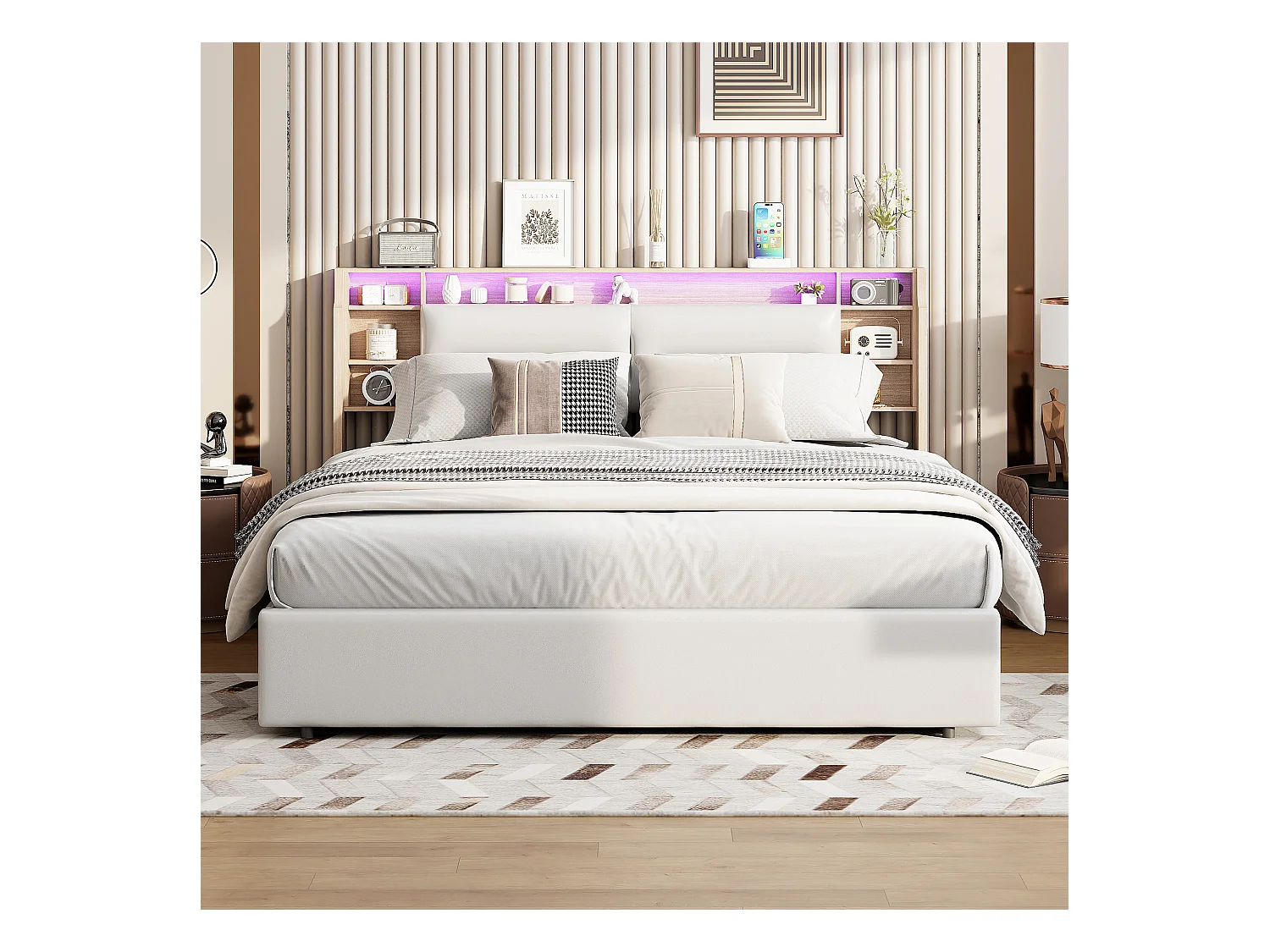 Lit double 140x200 cm blanc avec rangement tête et coffre à vérin, LED tête de lit, commandes via APP, design moderne et pratique