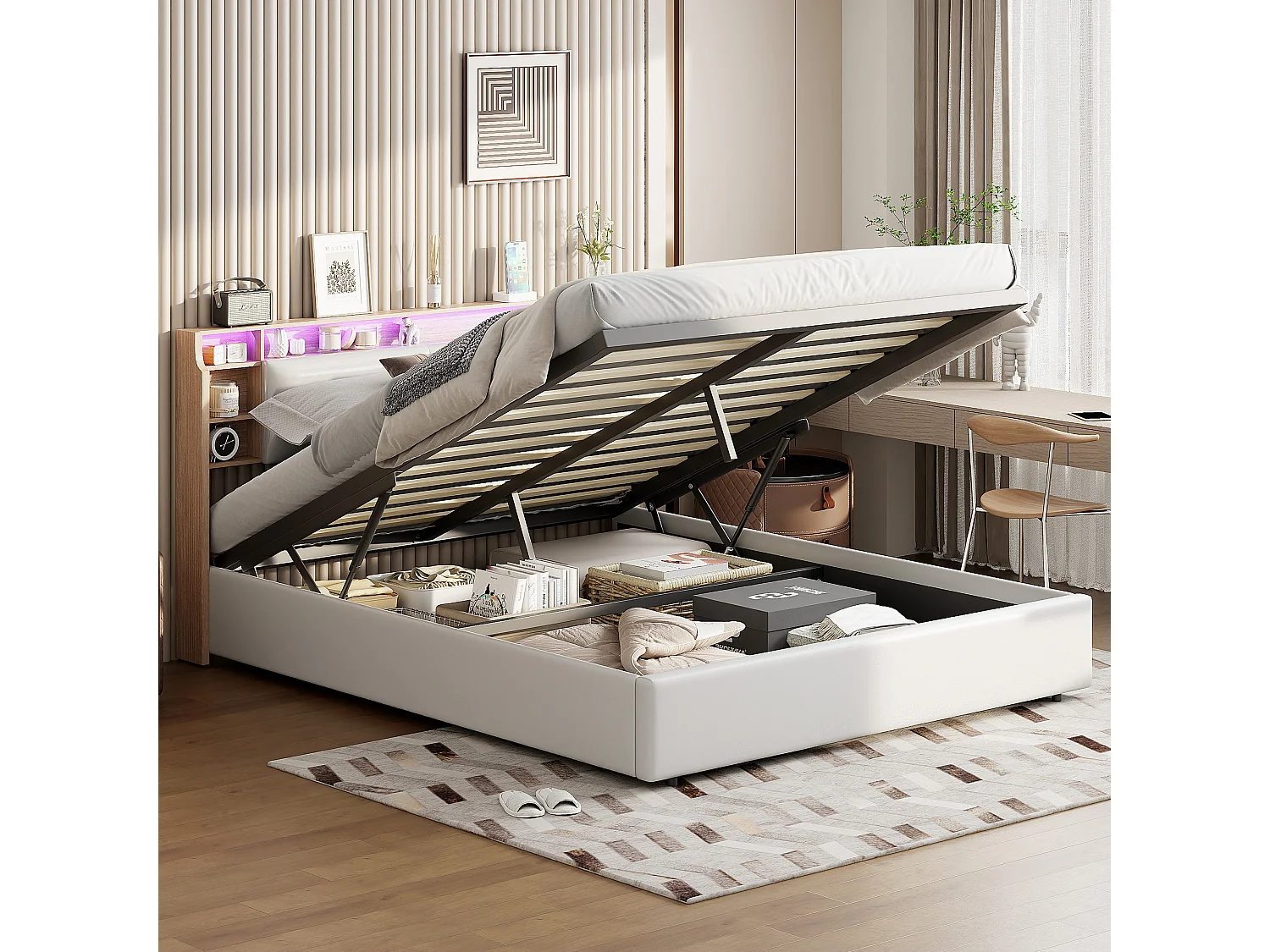 Letto matrimoniale 140x200 cm bianco con contenitore per la testiera e jack box, testiera LED, comandi APP, design moderno e pratico