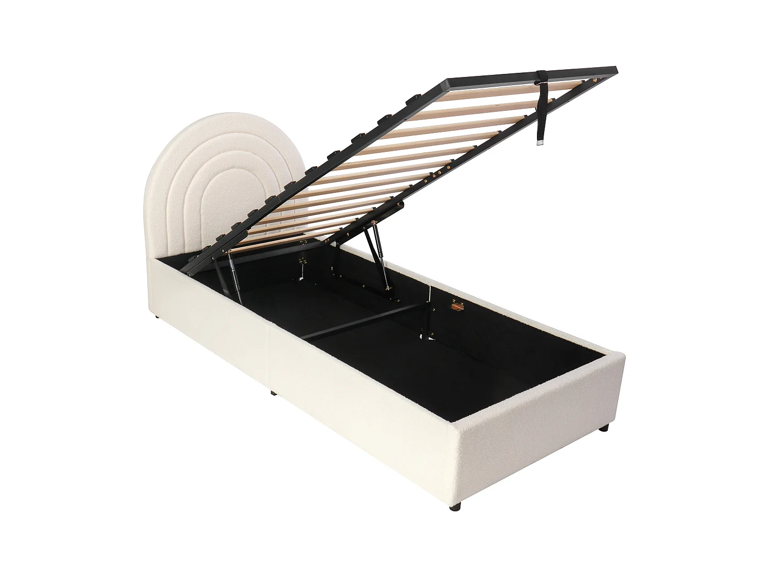 Lit coffre enfant 90x200cm en bouclé beige avec tête de lit et sommier à lattes (matelas non inclus)