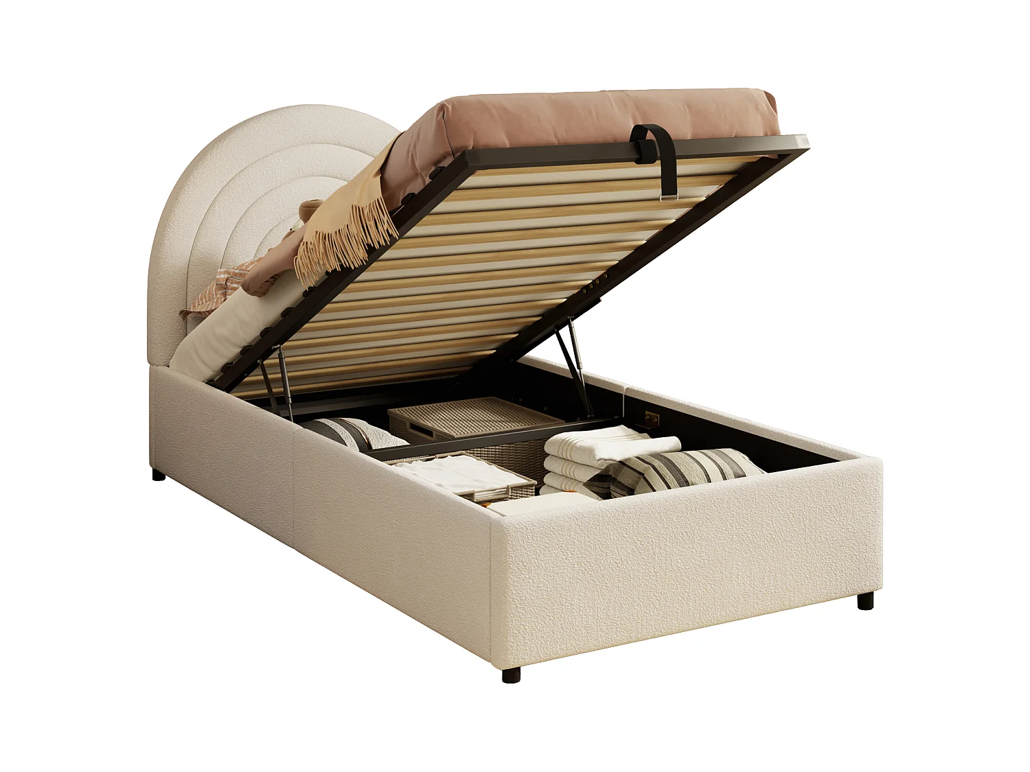 Lit coffre enfant 90x200cm en bouclé beige avec tête de lit et sommier à lattes (matelas non inclus)