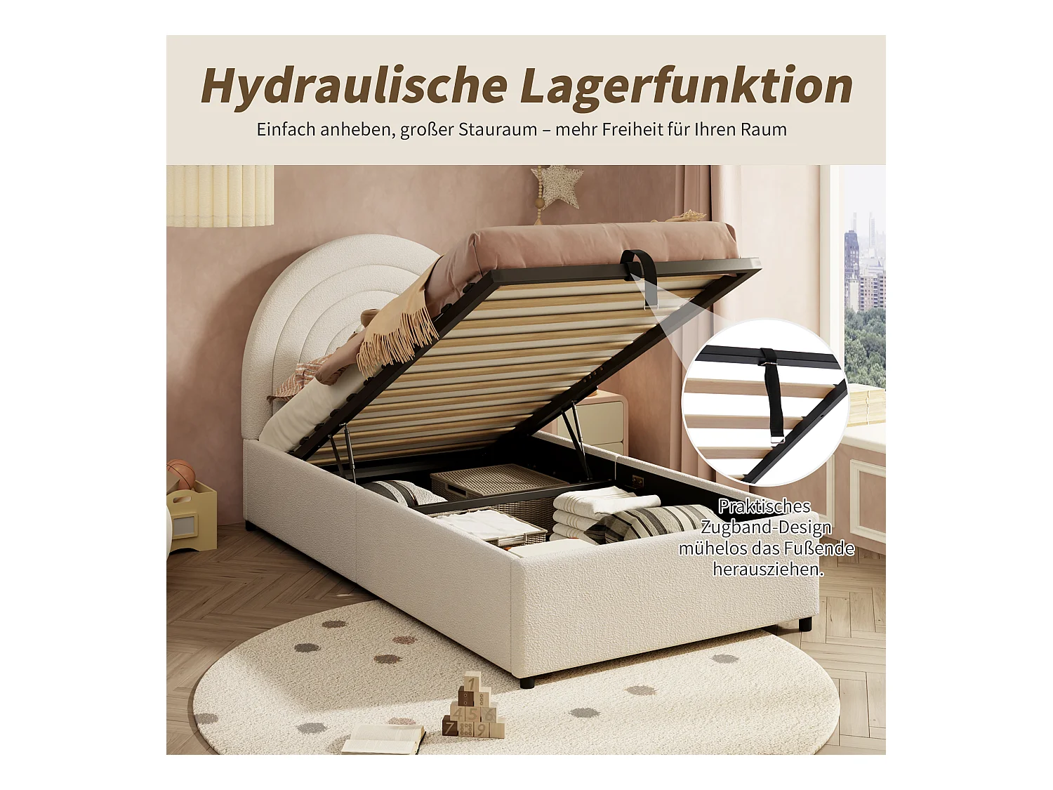 Lit coffre enfant 90x200cm en bouclé beige avec tête de lit et sommier à lattes (matelas non inclus)