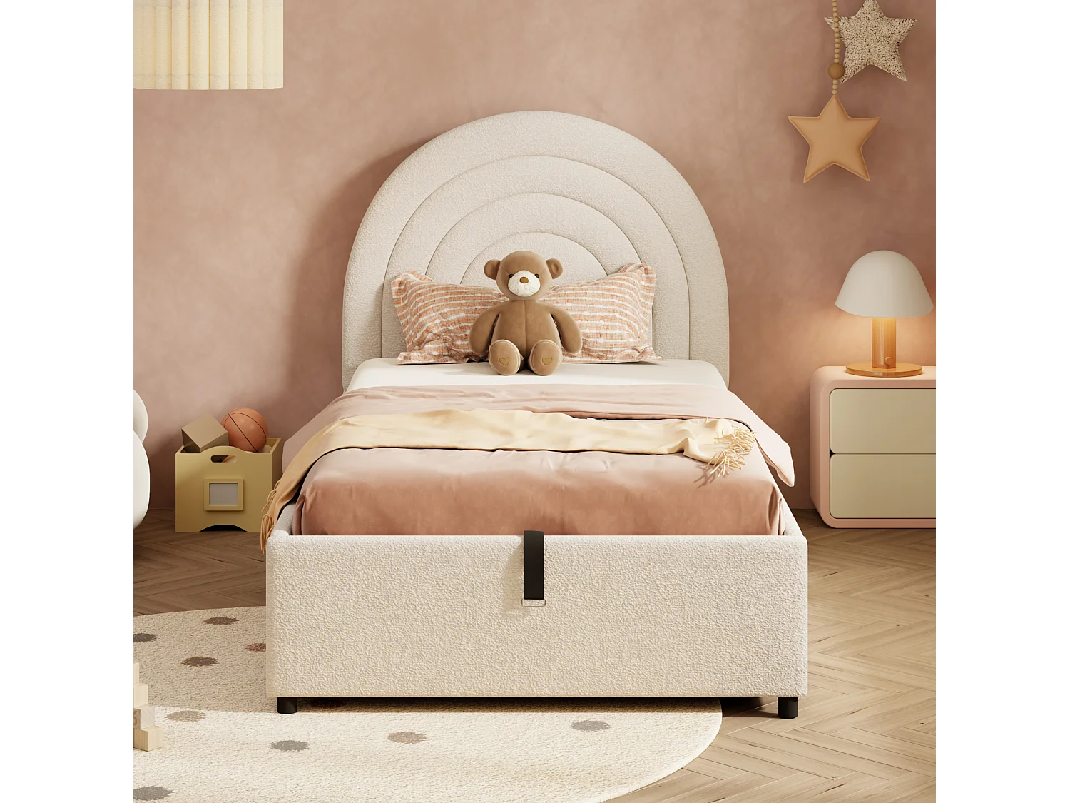 Lit coffre enfant 90x200cm en bouclé beige avec tête de lit et sommier à lattes (matelas non inclus)