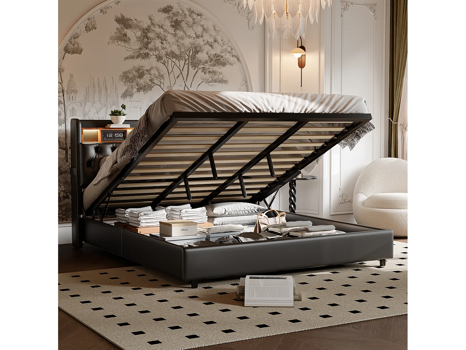 Tweepersoonsbed 180x200 cm in zwart PU met opbergruimte, led-hoofdbord, praktische opbergruimte en geïntegreerde EU USB-poorten