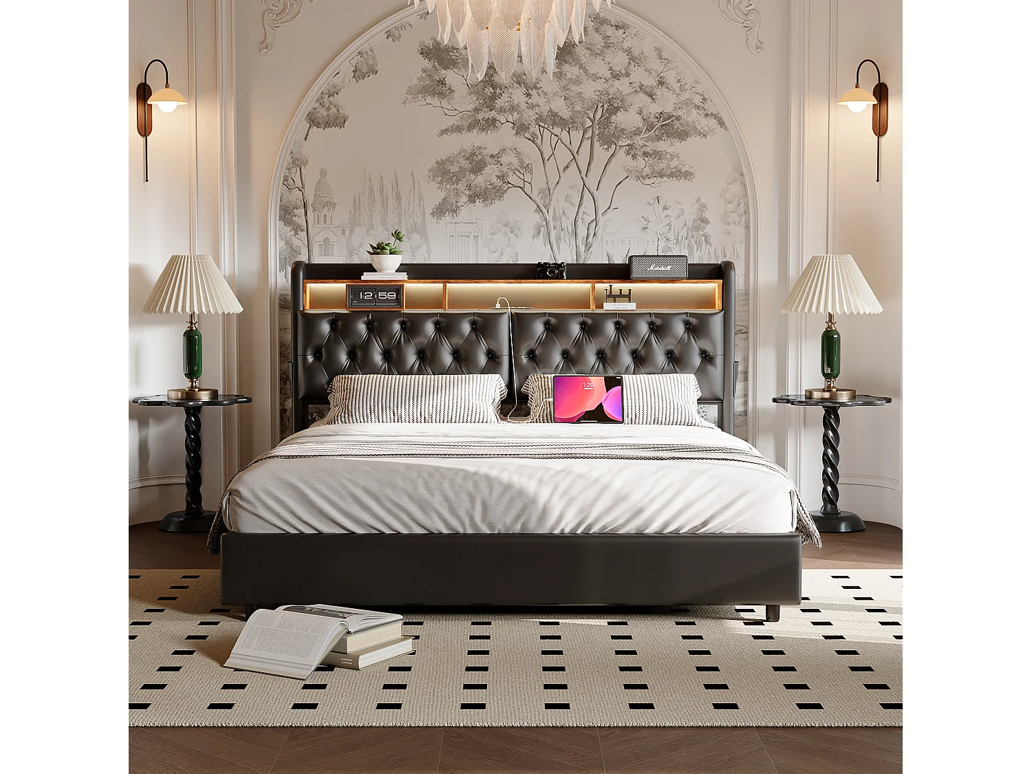 Tweepersoonsbed 180x200 cm in zwart PU met opbergruimte, led-hoofdbord, praktische opbergruimte en geïntegreerde EU USB-poorten