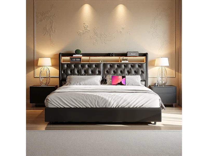 Tweepersoonsbed 180x200 cm in zwart PU met opbergruimte, led-hoofdbord, praktische opbergruimte en geïntegreerde EU USB-poorten