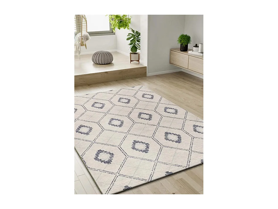 Kurzflorteppich - geometrisch - blau / weiß - 133x190 cm - SIROCO