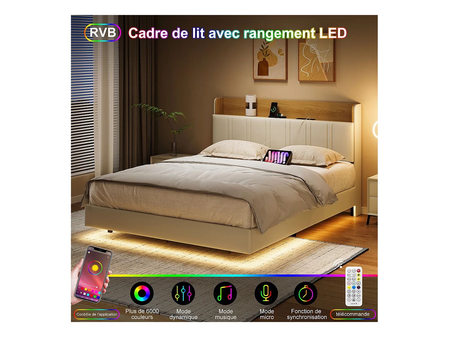 Lit rembourré 160x200 cm en PU blanc et bois clair avec LED sous-lit, rangement tête de lit, ports USB doubles et poches latérales (matelas non inclus)