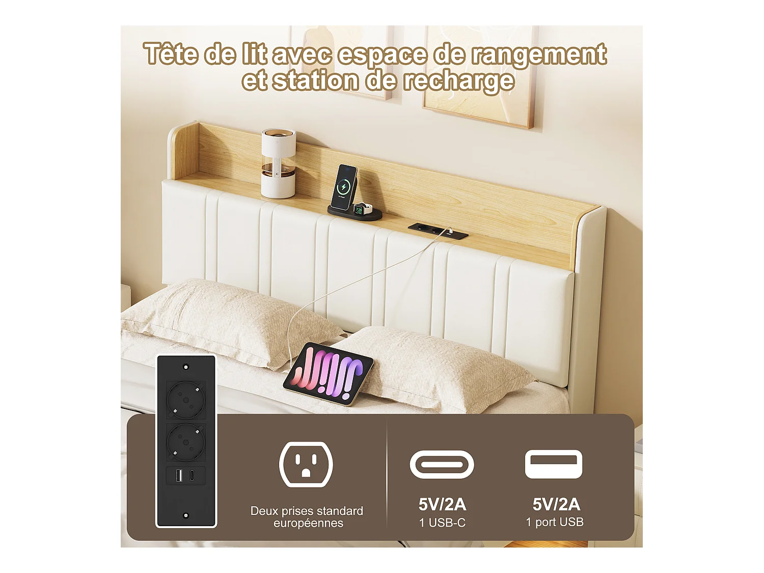 Lit rembourré 160x200 cm en PU blanc et bois clair avec LED sous-lit, rangement tête de lit, ports USB doubles et poches latérales (matelas non inclus)