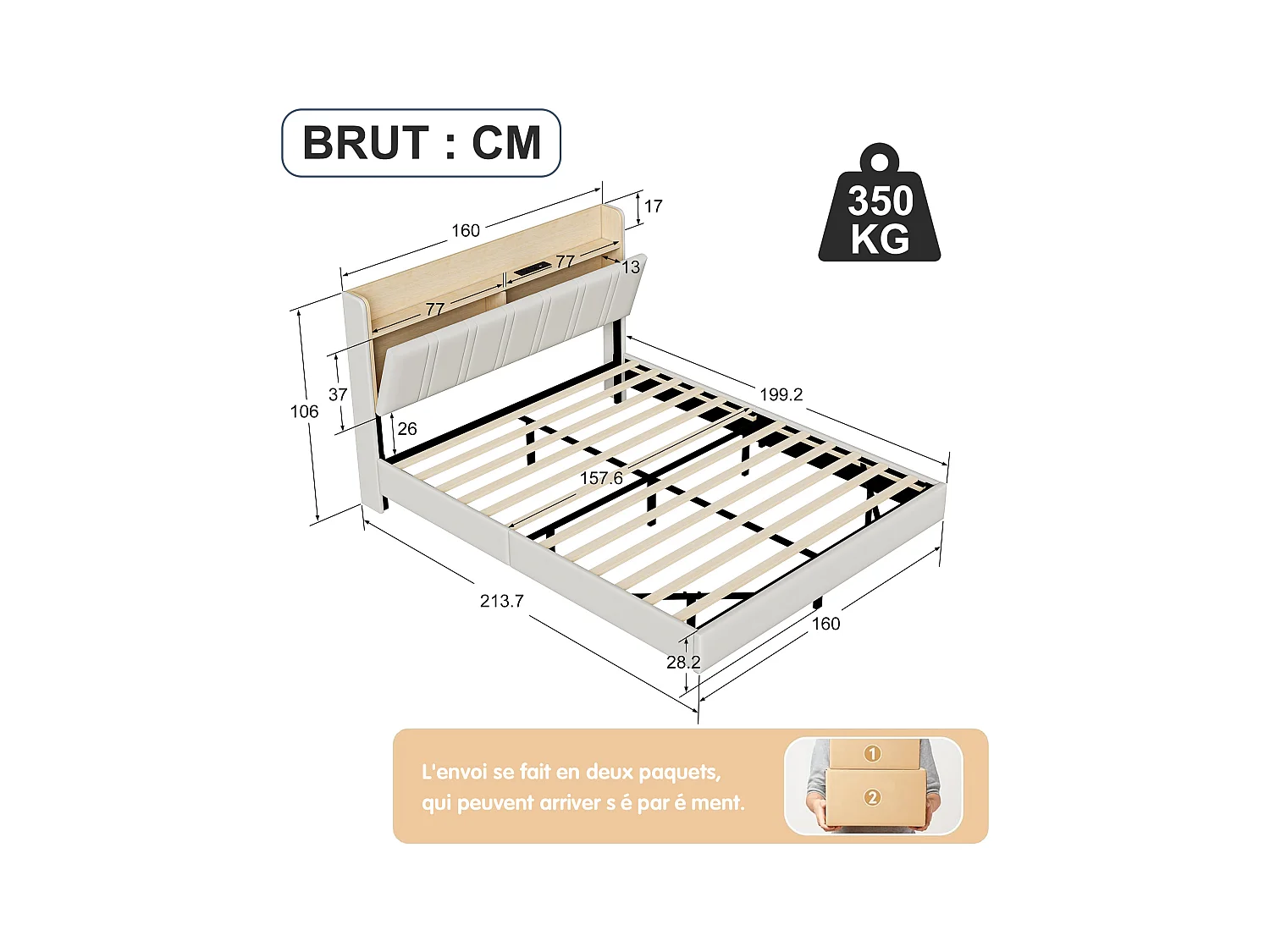 Lit rembourré 160x200 cm en PU blanc et bois clair avec LED sous-lit, rangement tête de lit, ports USB doubles et poches latérales (matelas non inclus)