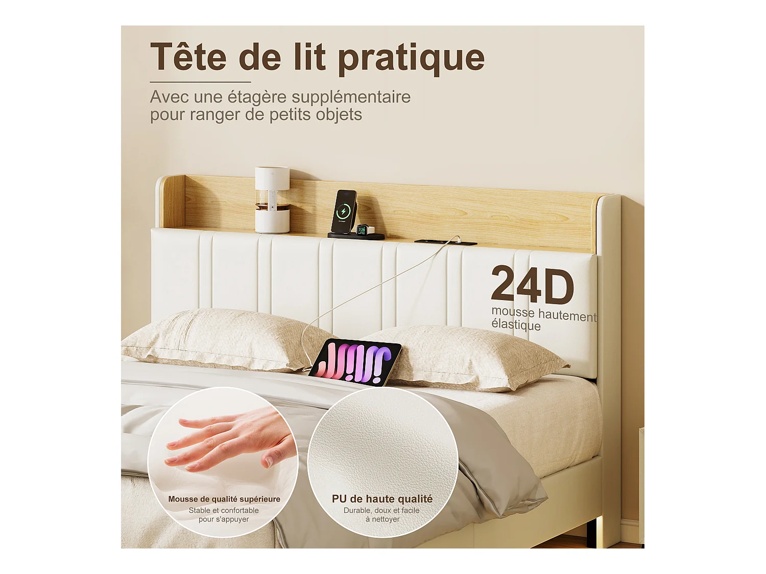 Lit rembourré 160x200 cm en PU blanc et bois clair avec LED sous-lit, rangement tête de lit, ports USB doubles et poches latérales (matelas non inclus)