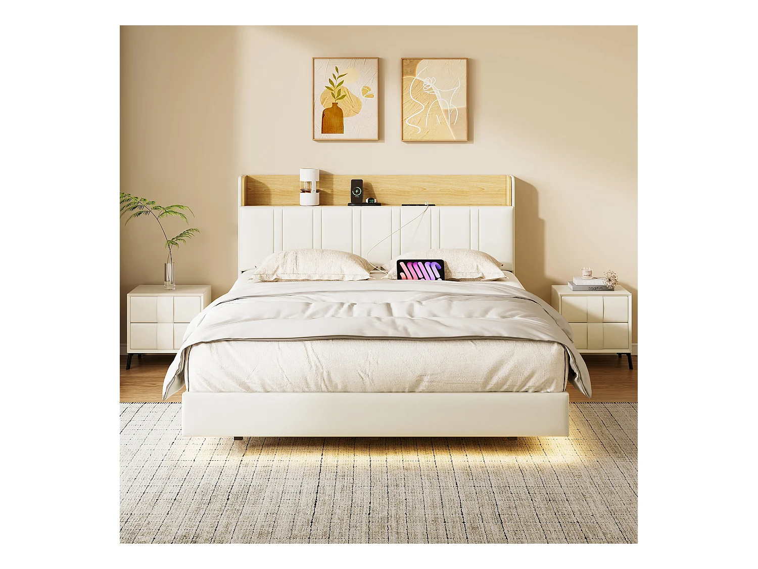 Lit rembourré 160x200 cm en PU blanc et bois clair avec LED sous-lit, rangement tête de lit, ports USB doubles et poches latérales (matelas non inclus)