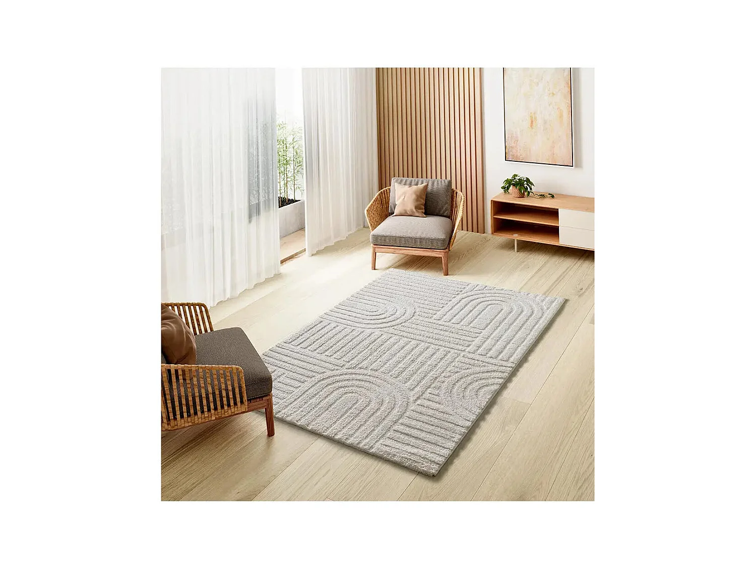 Tapis intérieur - géométrique avec relief - blanc - 64 x 120 cm - JUNO