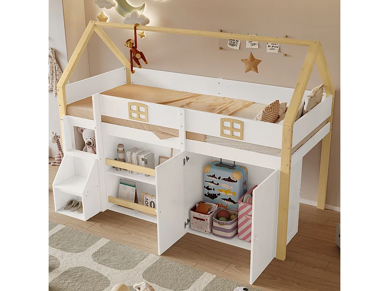 Kinderhoogslaper 90x200cm wit en naturel met opbergladder, planken en 2 deuren, zonder matras