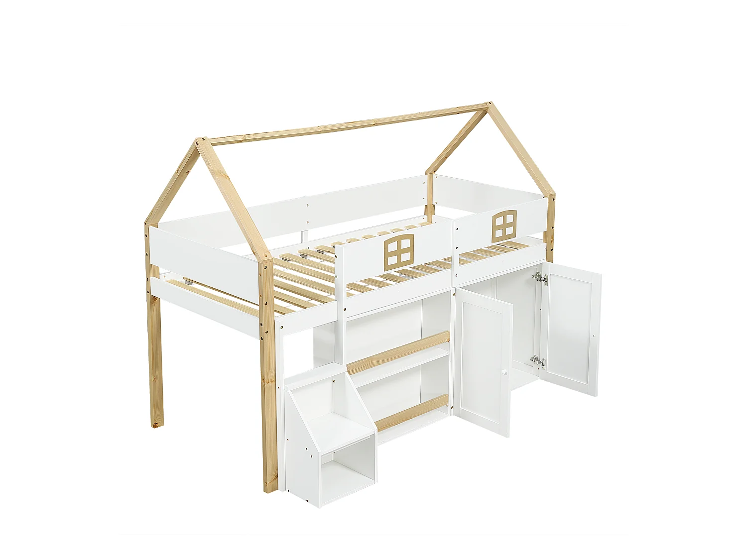 Lit mezzanine cabane enfant 90x200cm blanc et naturel avec échelle de rangement, étagères et 2 portes, sans matelas