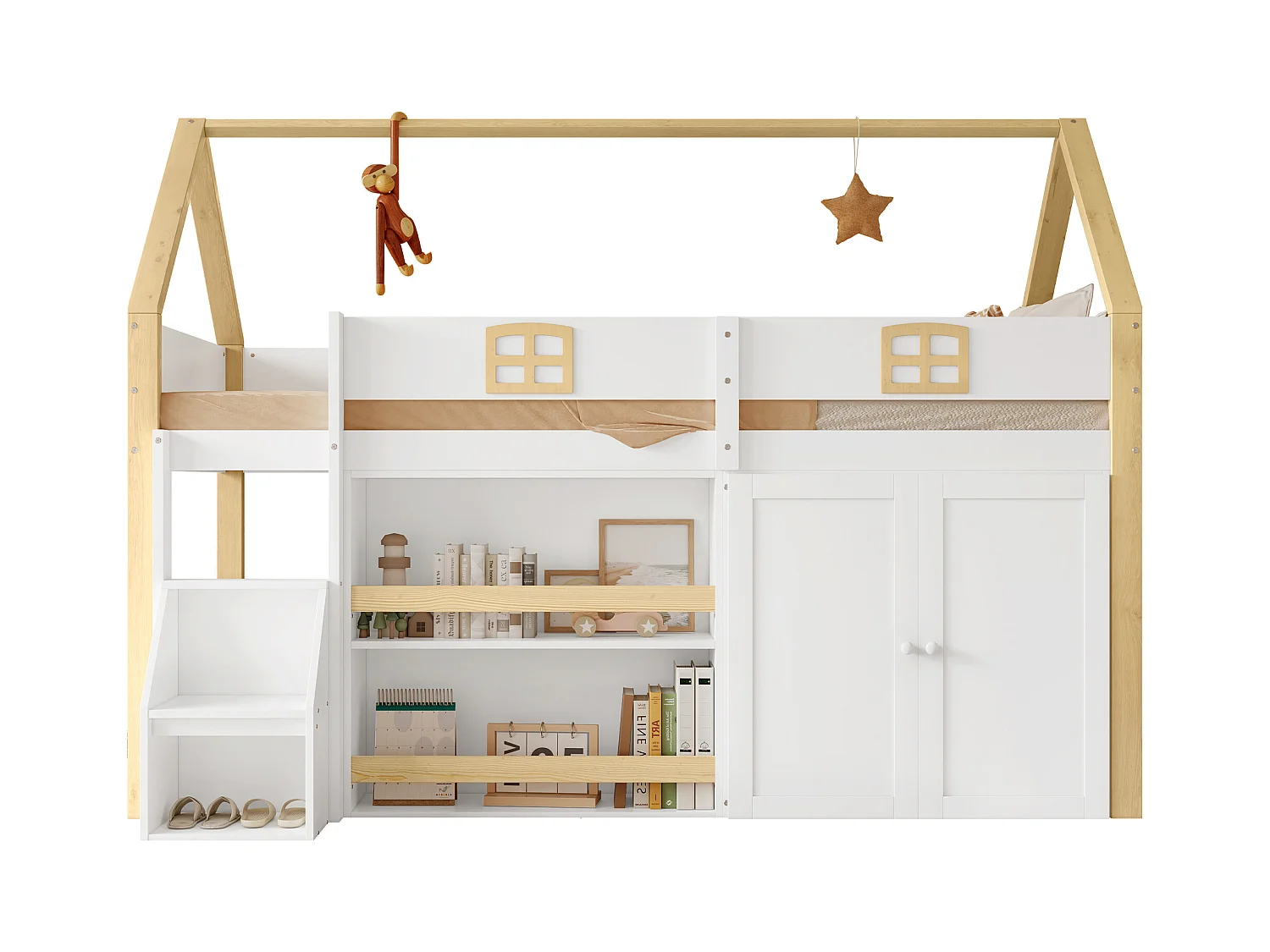 Lit mezzanine cabane enfant 90x200cm blanc et naturel avec échelle de rangement, étagères et 2 portes, sans matelas