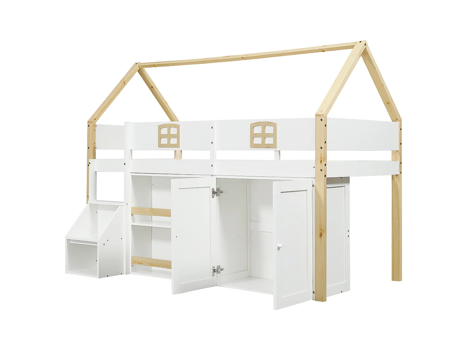 Lit mezzanine cabane enfant 90x200cm blanc et naturel avec échelle de rangement, étagères et 2 portes, sans matelas