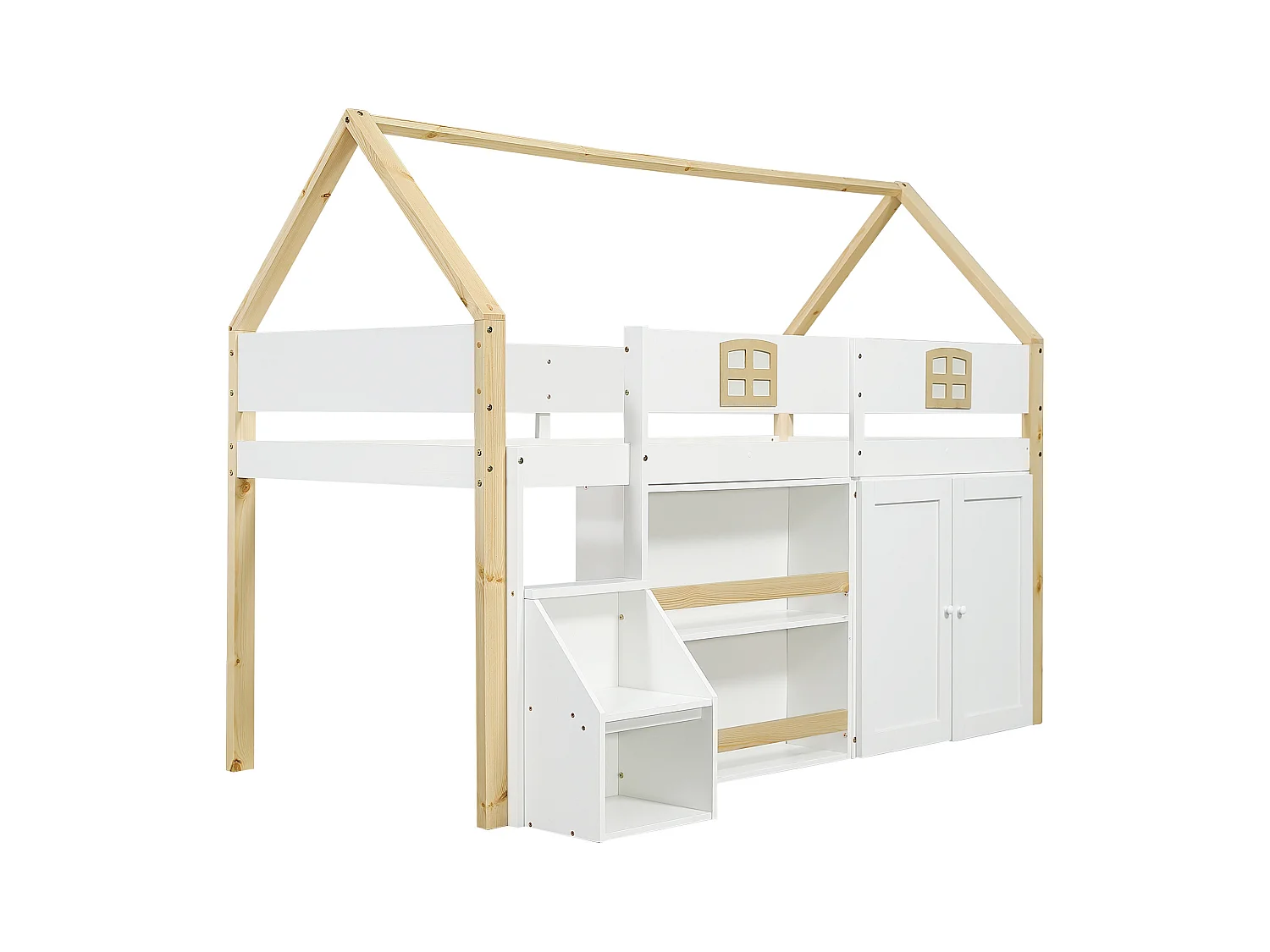 Lit mezzanine cabane enfant 90x200cm blanc et naturel avec échelle de rangement, étagères et 2 portes, sans matelas