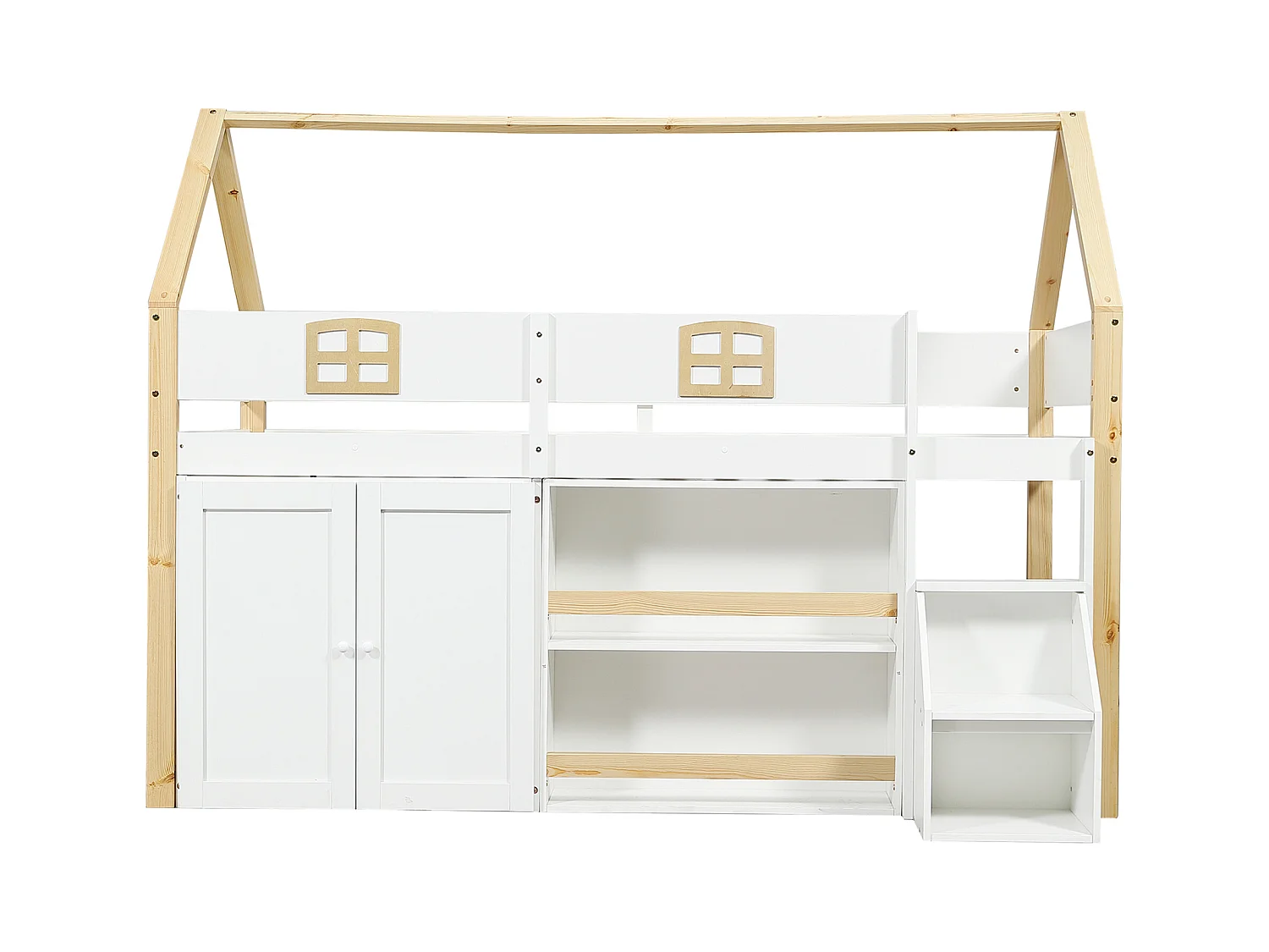 Lit mezzanine cabane enfant 90x200cm blanc et naturel avec échelle de rangement, étagères et 2 portes, sans matelas