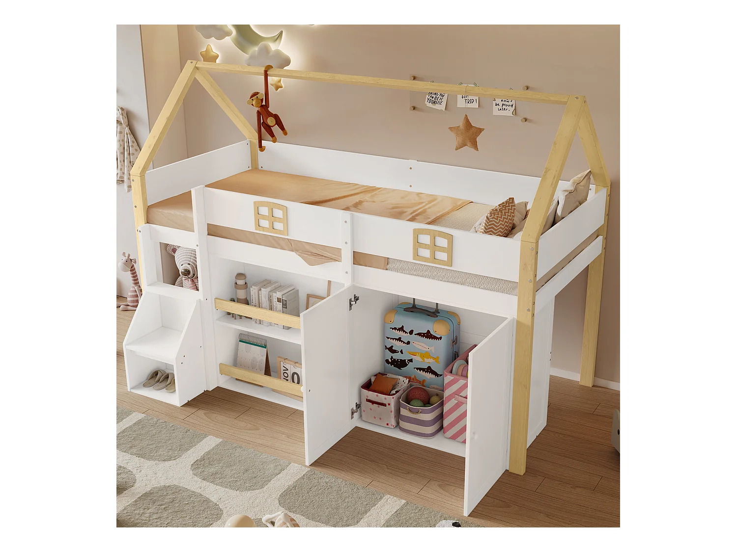 Lit mezzanine cabane enfant 90x200cm blanc et naturel avec échelle de rangement, étagères et 2 portes, sans matelas