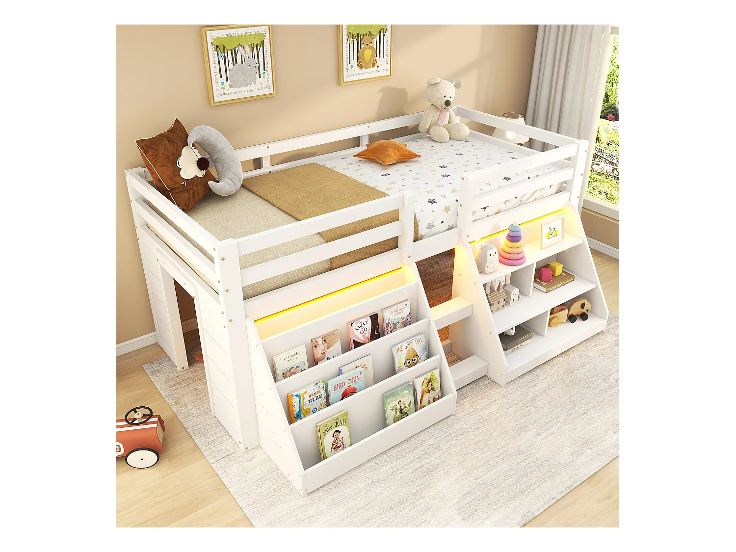 Lit mi-hauteur enfant blanc 90x200cm avec rangement, échelle et LED, bois de pin, sans matelas