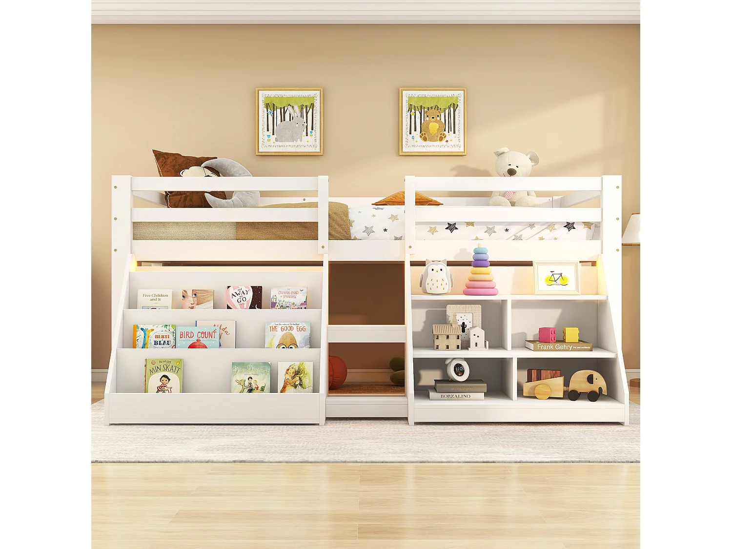 Wit kinderbed halfhoog 90x200cm met opbergruimte, ladder en LED, grenenhout, zonder matras