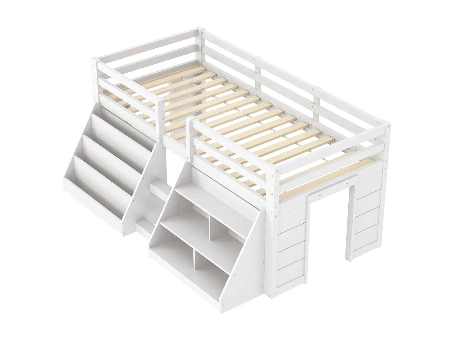 Wit kinderbed halfhoog 90x200cm met opbergruimte, ladder en LED, grenenhout, zonder matras