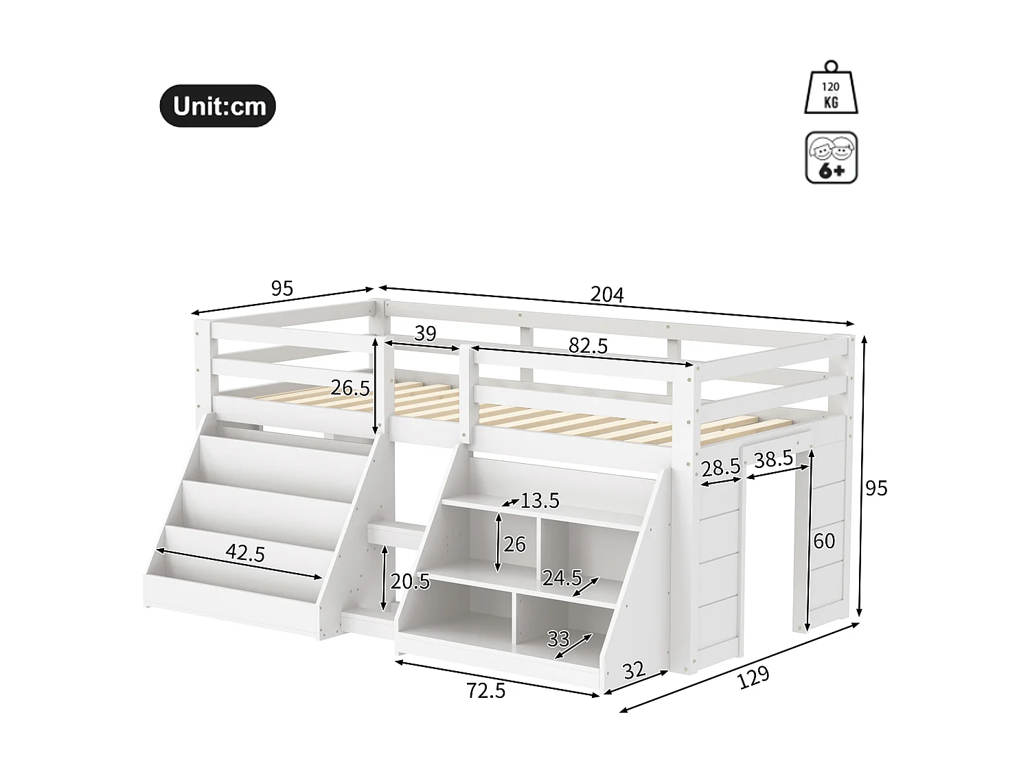 Wit kinderbed halfhoog 90x200cm met opbergruimte, ladder en LED, grenenhout, zonder matras