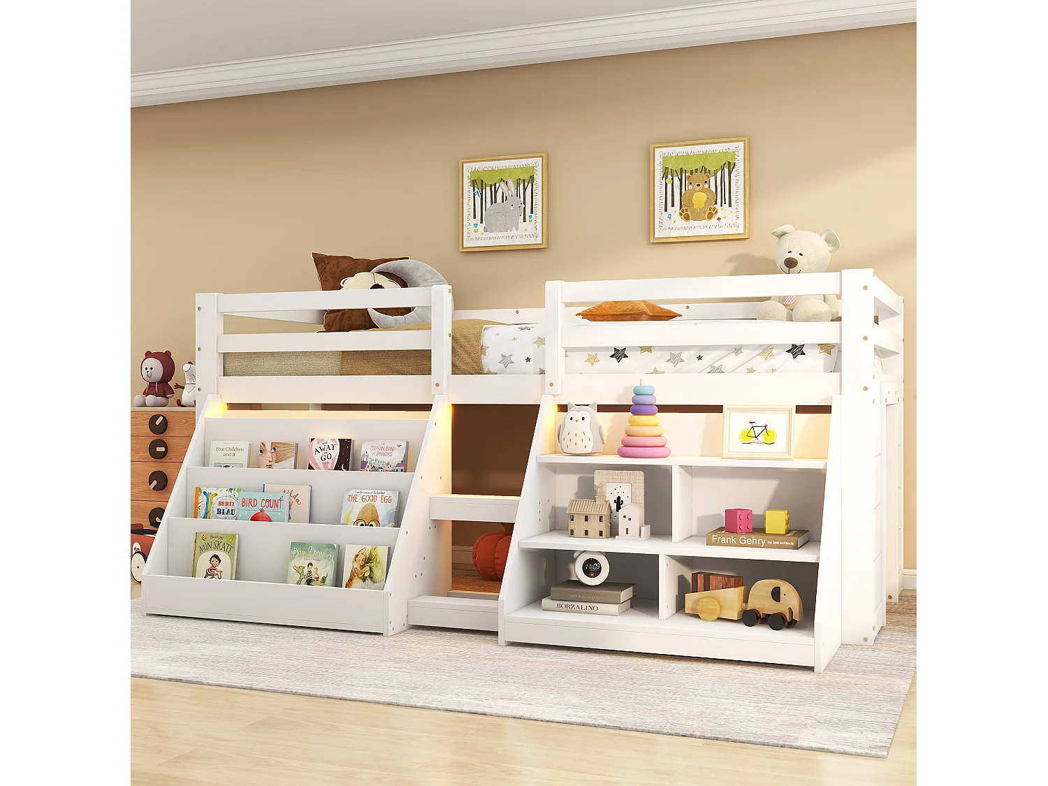 Wit kinderbed halfhoog 90x200cm met opbergruimte, ladder en LED, grenenhout, zonder matras