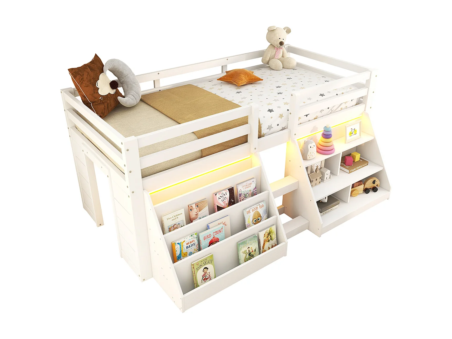 Wit kinderbed halfhoog 90x200cm met opbergruimte, ladder en LED, grenenhout, zonder matras