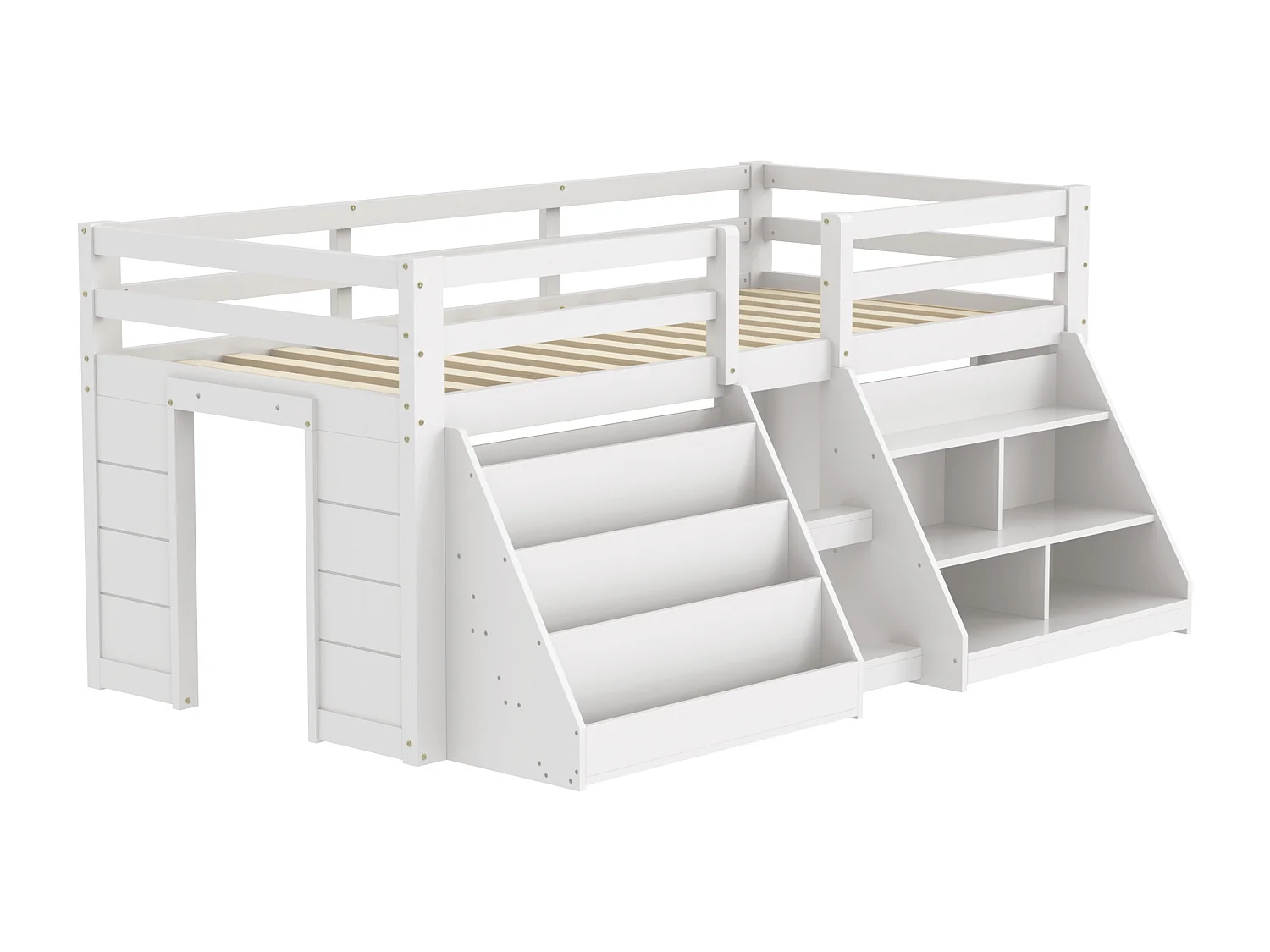 Wit kinderbed halfhoog 90x200cm met opbergruimte, ladder en LED, grenenhout, zonder matras