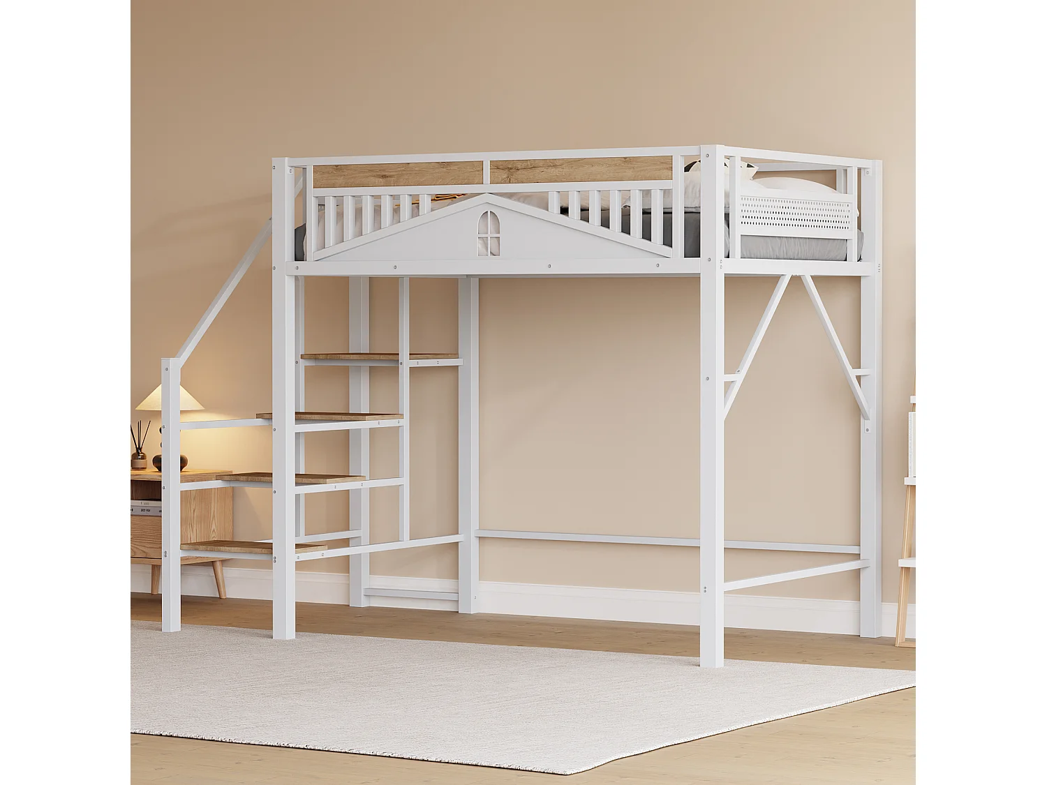 lit mezzanine double 140x200cm, clôtures et d'échelles, en métal blanc+ bois, sans matelas