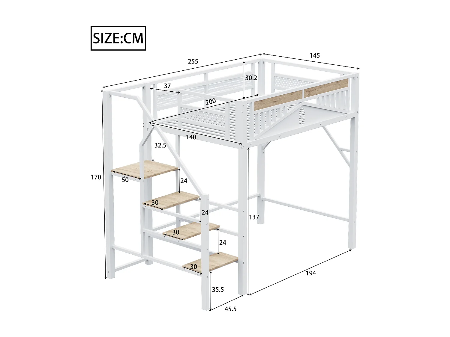 lit mezzanine double 140x200cm, clôtures et d'échelles, en métal blanc+ bois, sans matelas