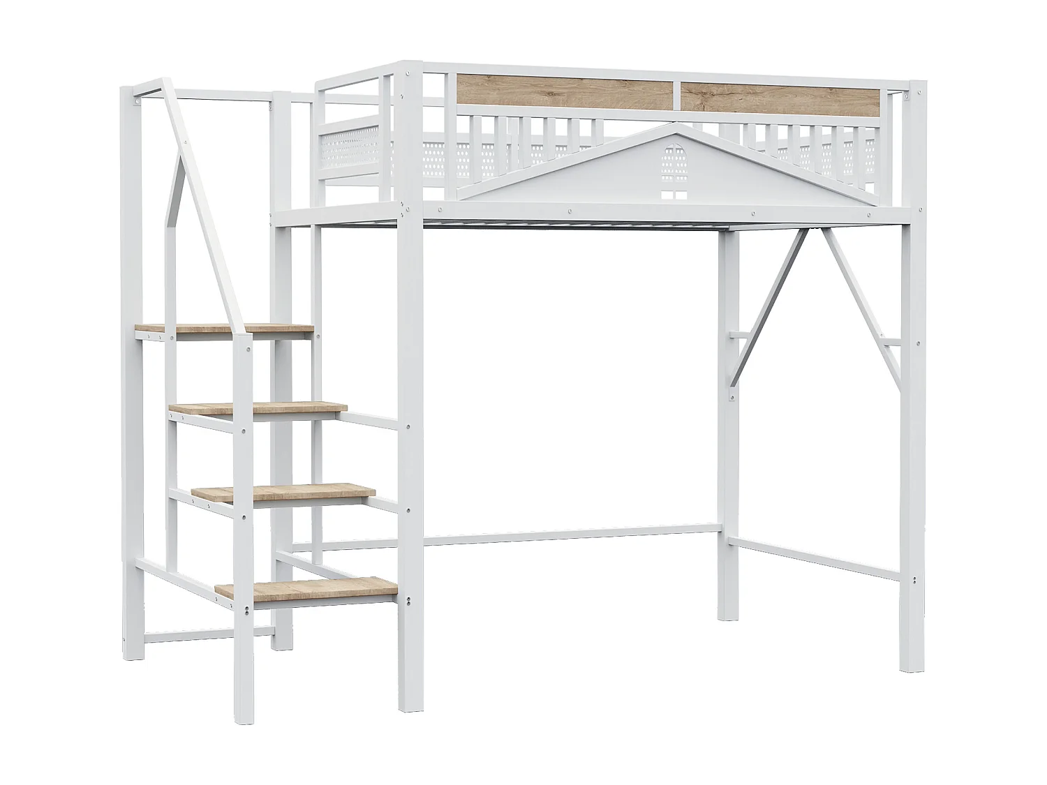 lit mezzanine double 140x200cm, clôtures et d'échelles, en métal blanc+ bois, sans matelas