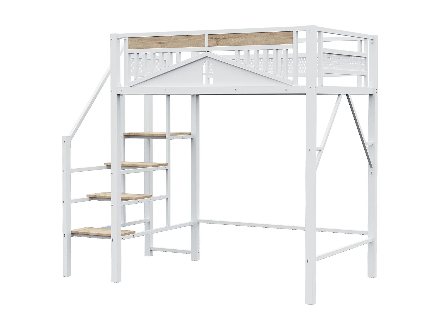 lit mezzanine double 140x200cm, clôtures et d'échelles, en métal blanc+ bois, sans matelas