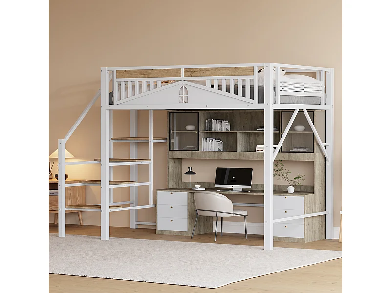 lit mezzanine double 140x200cm, clôtures et d'échelles, en métal blanc+ bois, sans matelas