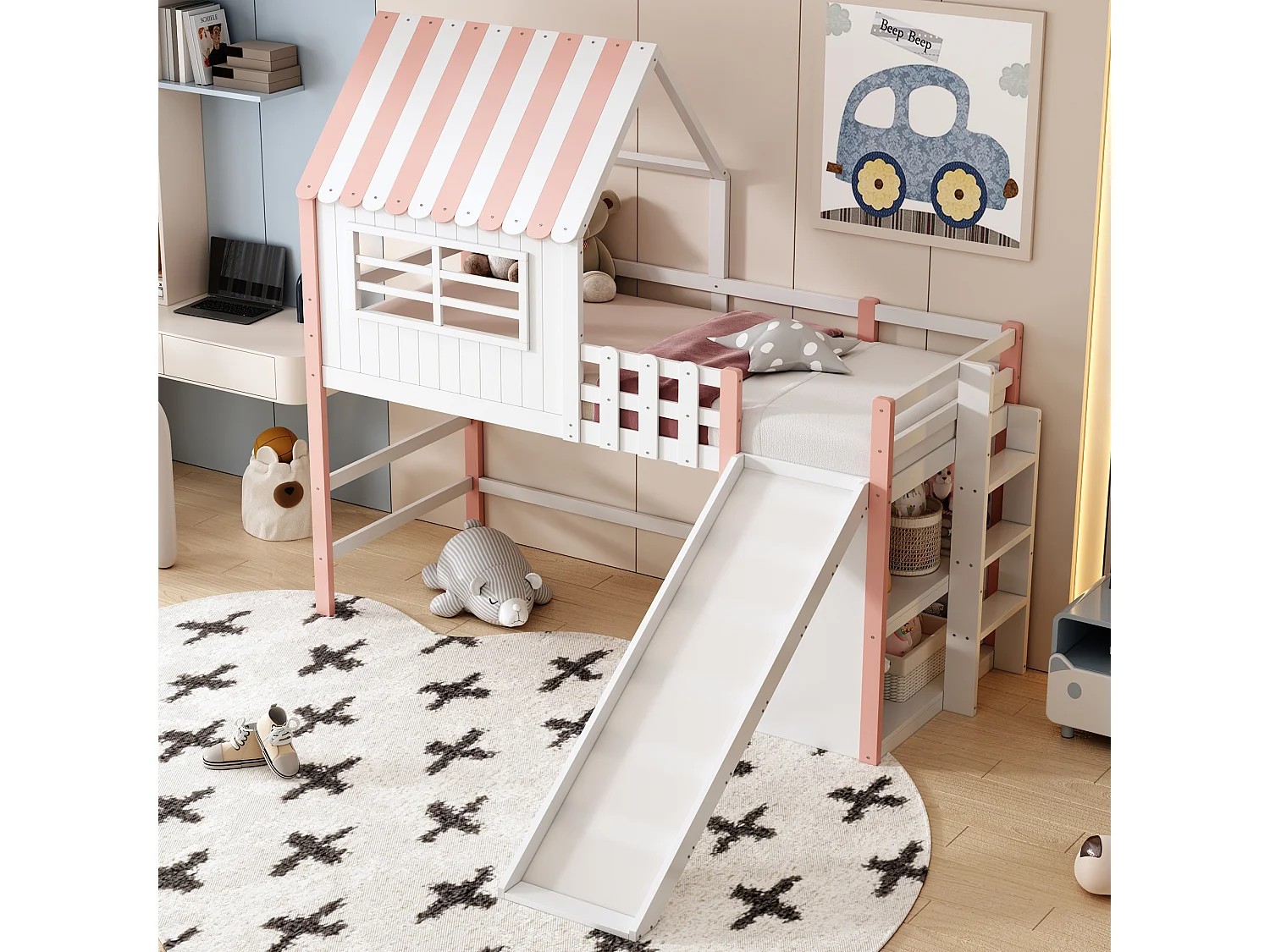 Lit mezzanine cabane enfant 90x200cm blanc et rose avec toboggan, échelle et rangement, barrière de sécurité, sans matelas