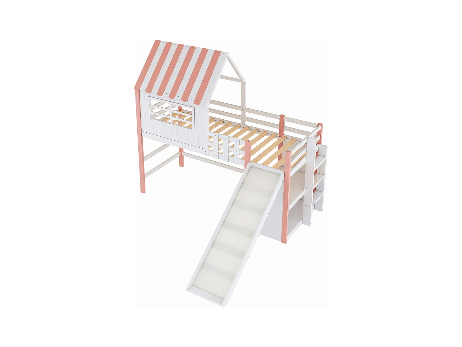 Lit mezzanine cabane enfant 90x200cm blanc et rose avec toboggan, échelle et rangement, barrière de sécurité, sans matelas