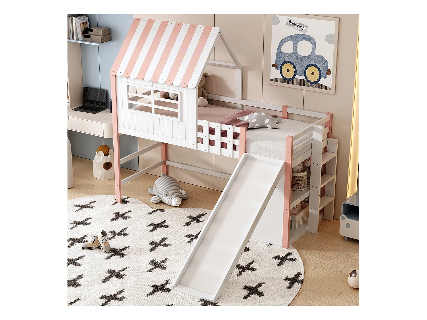 Lit mezzanine cabane enfant 90x200cm blanc et rose avec toboggan, échelle et rangement, barrière de sécurité, sans matelas