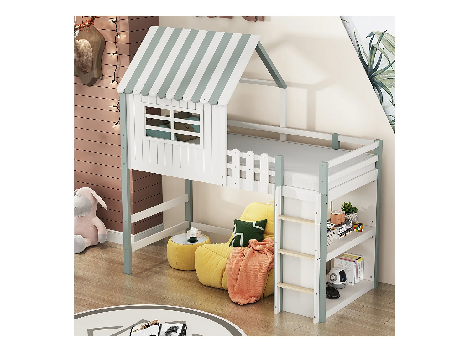 Lit mezzanine cabane enfant blanc et vert 90x200cm avec échelle, fenêtre et étagère de rangement, sans matelas
